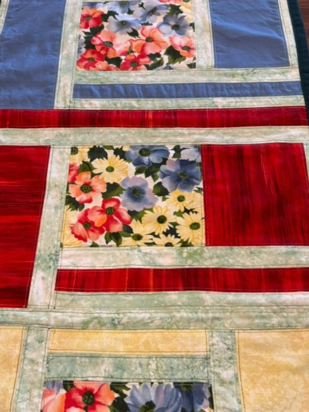 Handmade Vibrant Floral Table Runner, Log Cabin Cottagecore Patchwork Design
